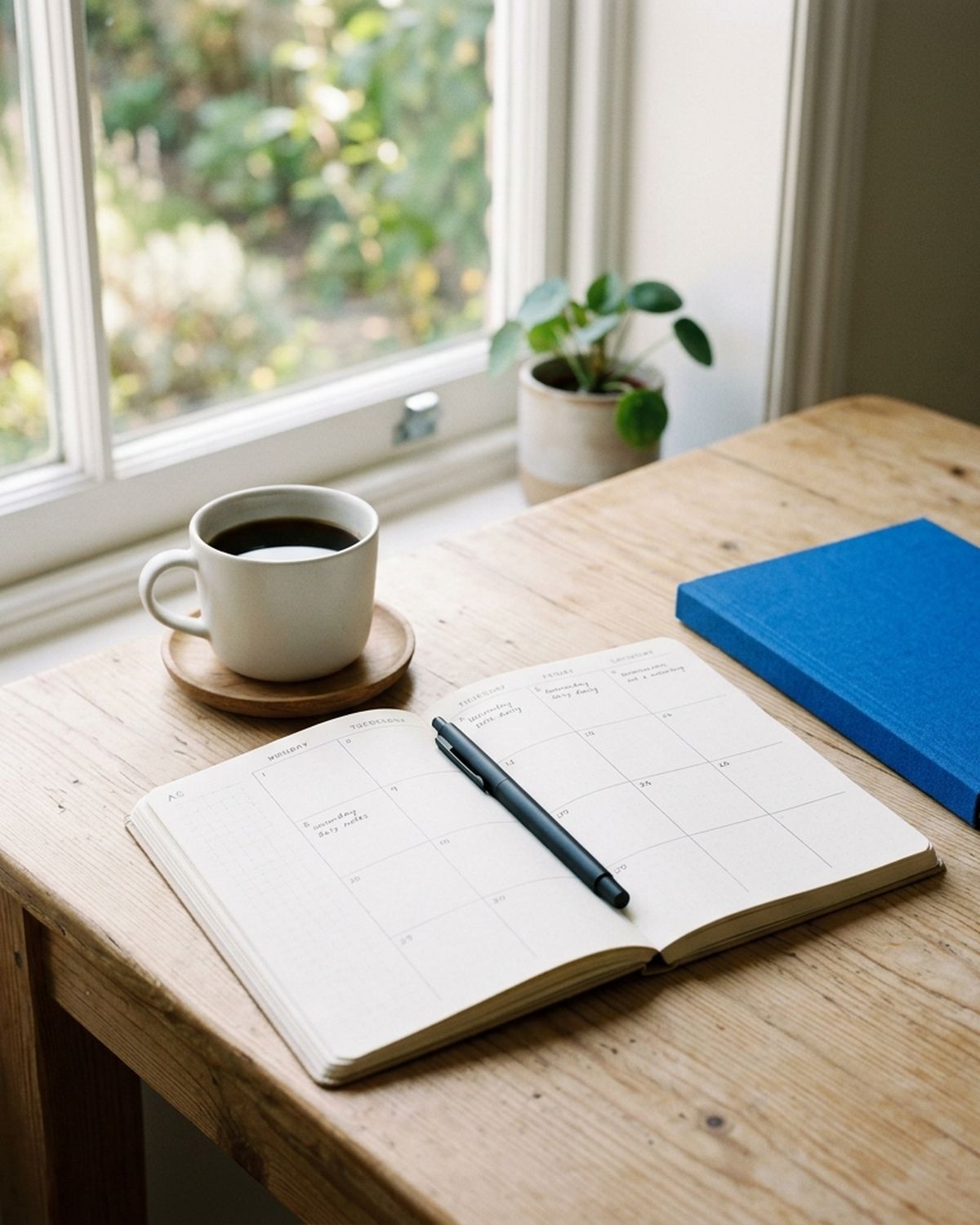 Tidy desk with an open weekly planner and coffee